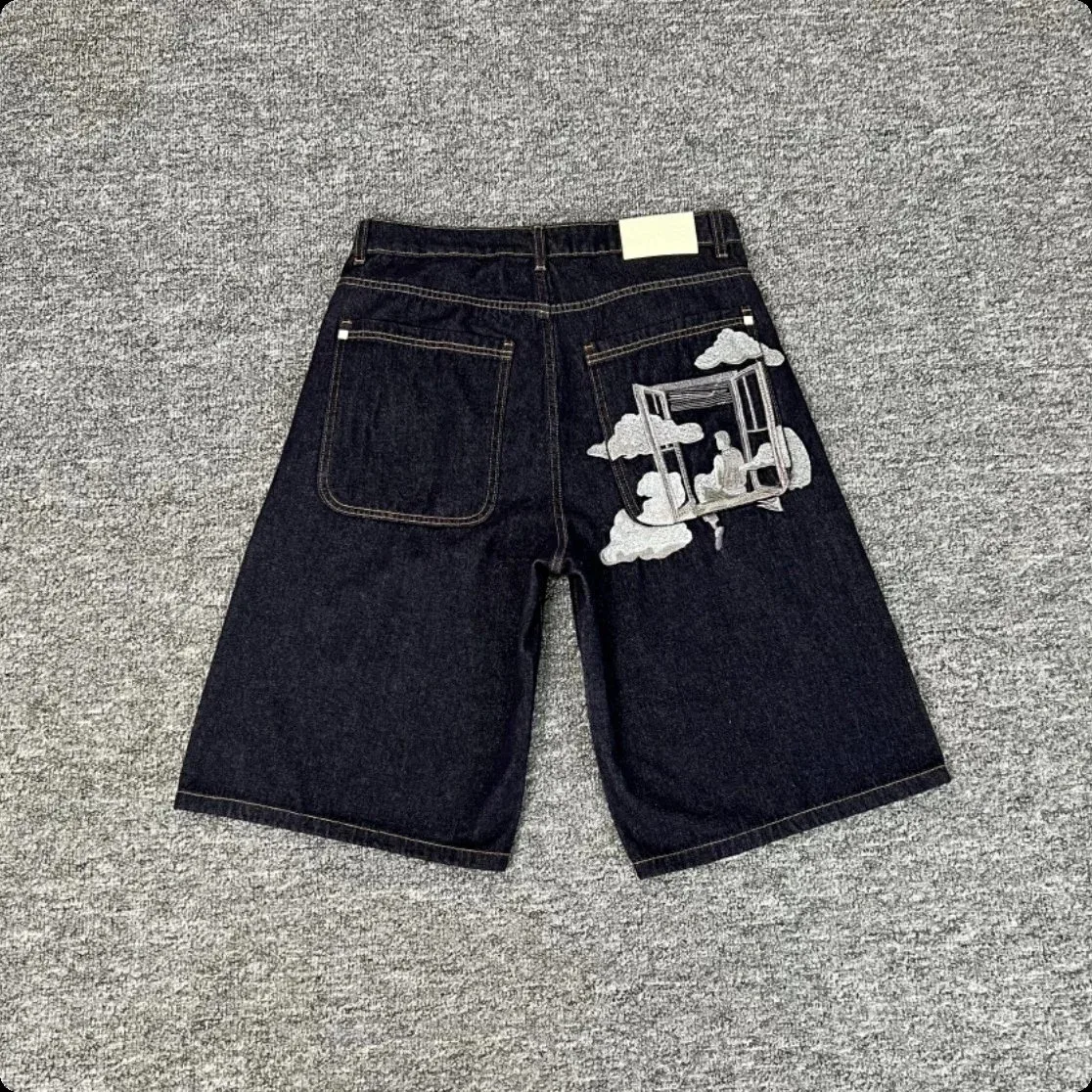 Other Unisex Denim Shorts with Artistic Back Pocket Design Navy - 1