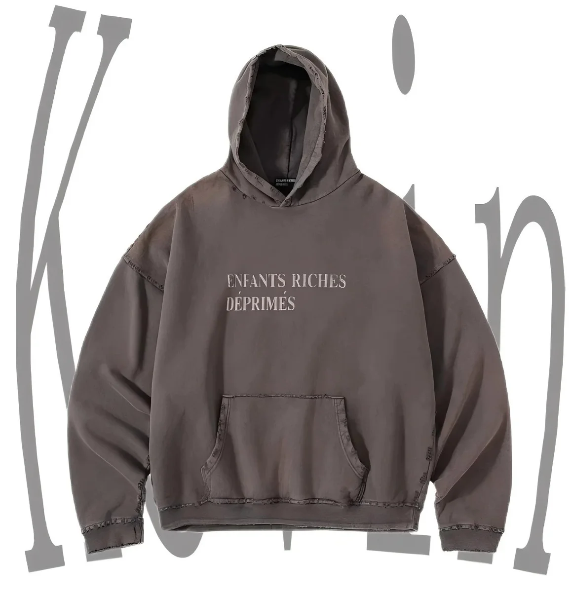 Other Unisex Water-Washed Brown Hoodie with Enfants Riches Déprimés Print Brown - 1