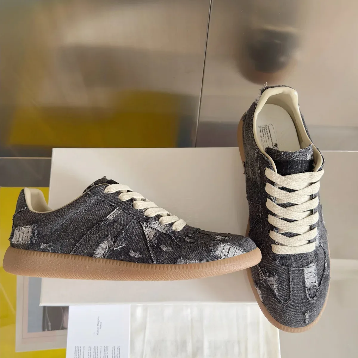 Maison Margiela Maison Margiela Replica Distressed Denim Sneakers Grey - 1