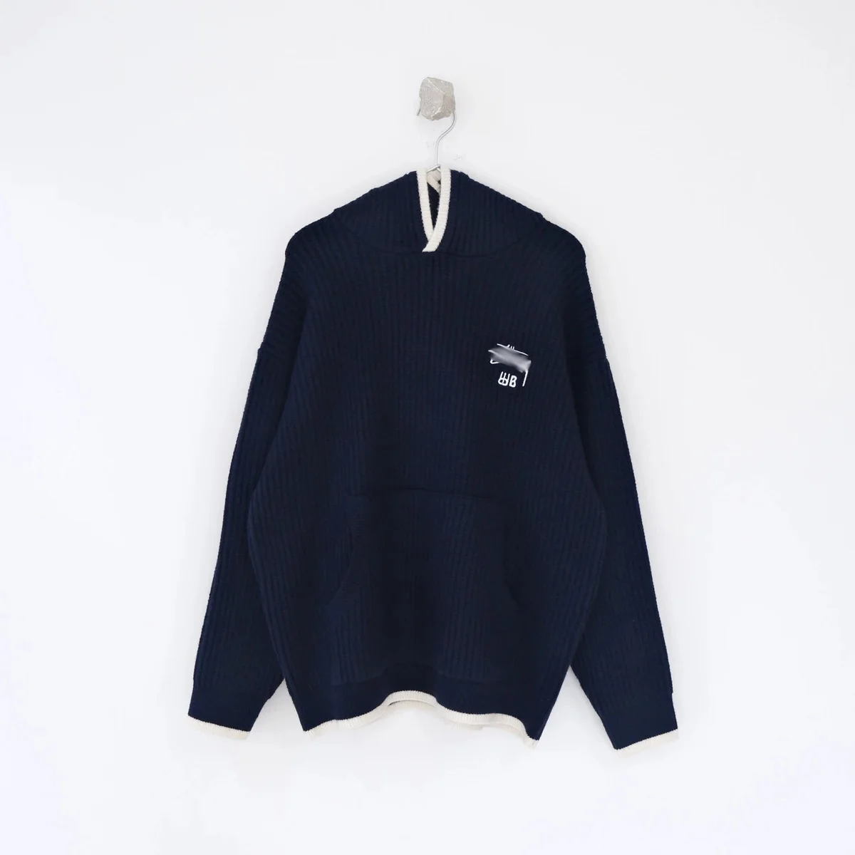 Other Unisex Navy Blue Ribbed Hoodie with Contrast Trim Navy - 1