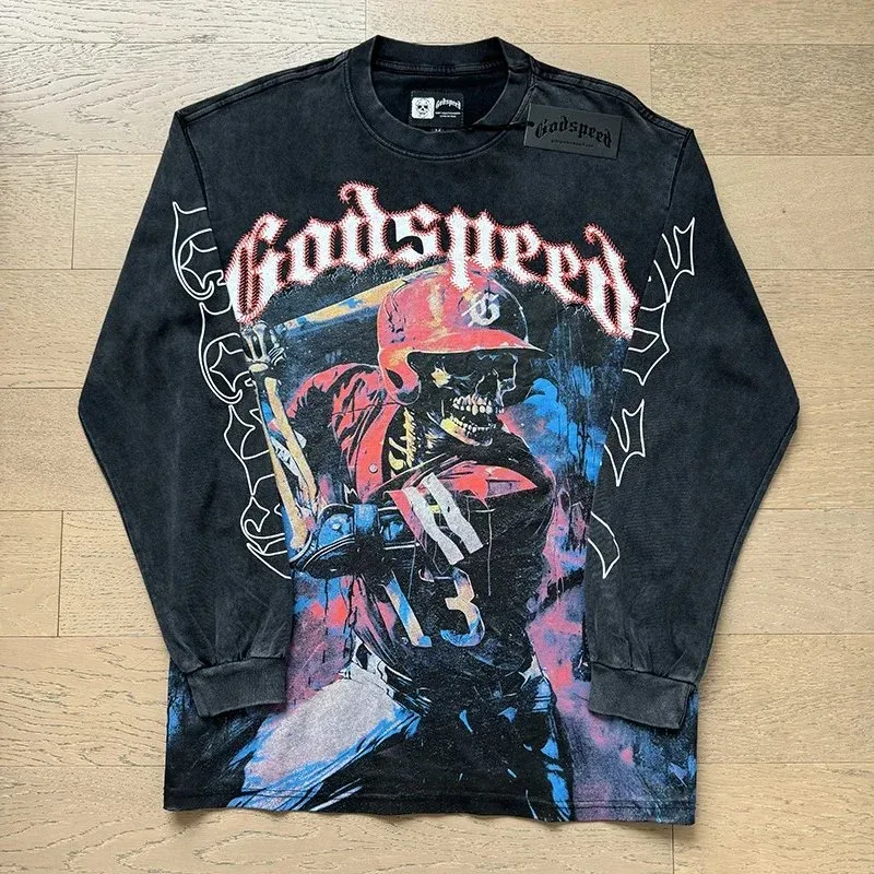 Godspeed Godspeed Baseball Skull Long Sleeve T-Shirt Black Black - 1