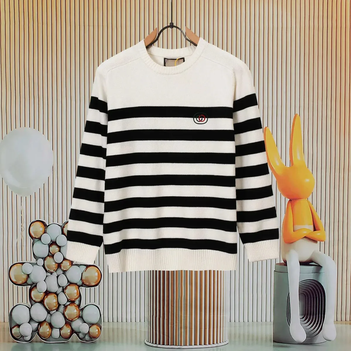 Gucci Gucci GG Marmont Striped Round Neck Sweater Black/White Black - 1