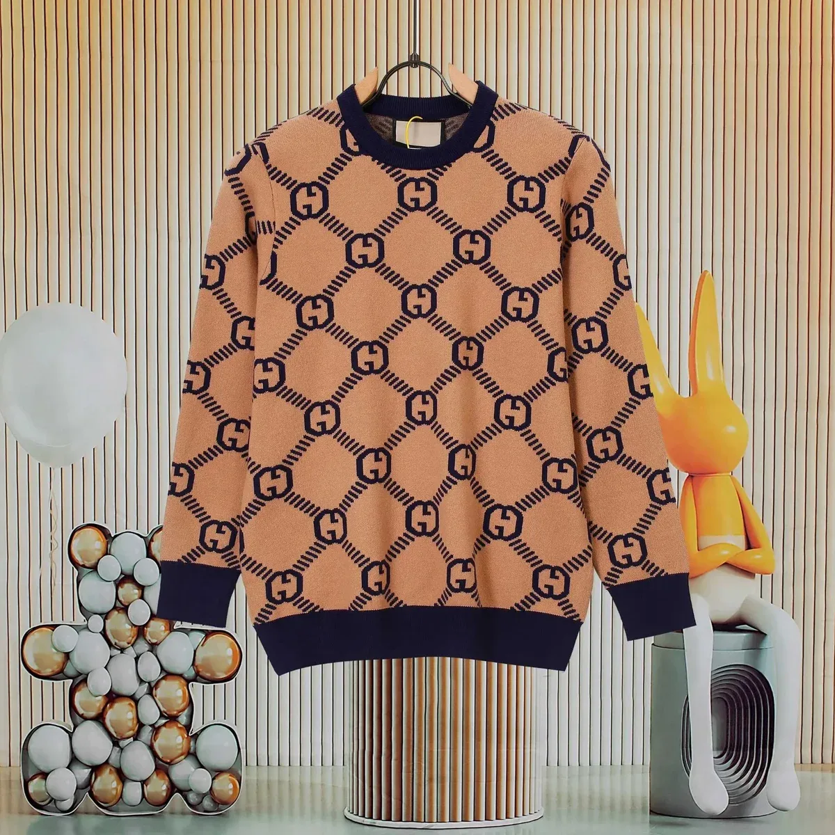 Gucci Gucci GG Marmont Logo Knit Sweater Camel/Blue Beige - 1