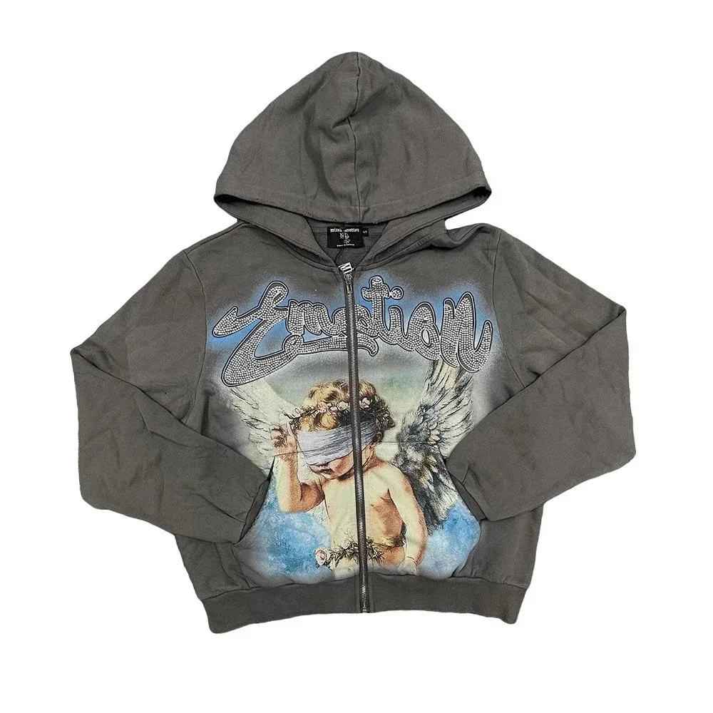 Other EM17 Grey Angel Print Zip-Up Hoodie Grey - 1