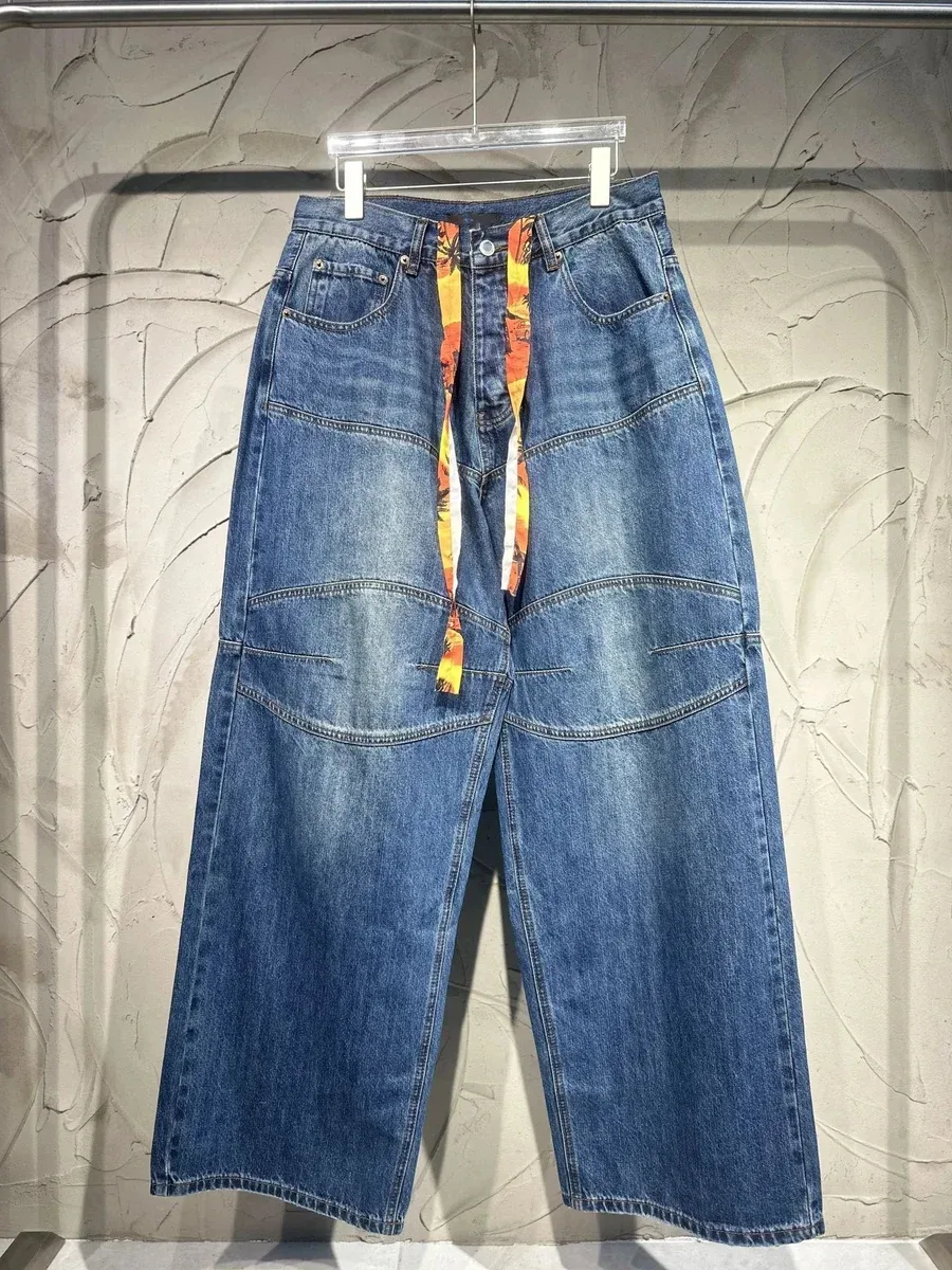 Other Deep Blue Wide-Leg Denim Jeans with Floral Waistband Blue - 1