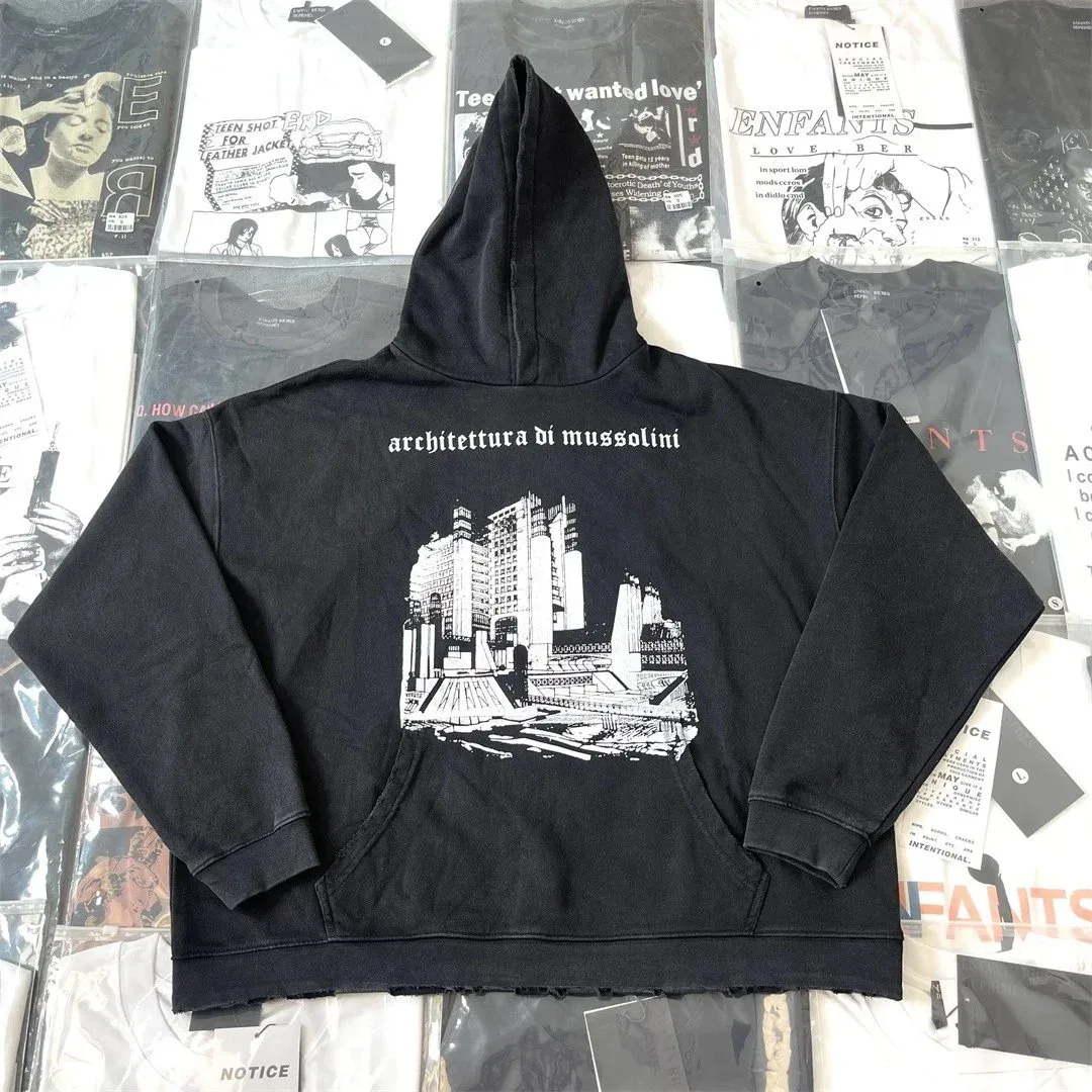 Other Unisex Washed Black Hoodie with Mussolini Architecture Print Black - 1