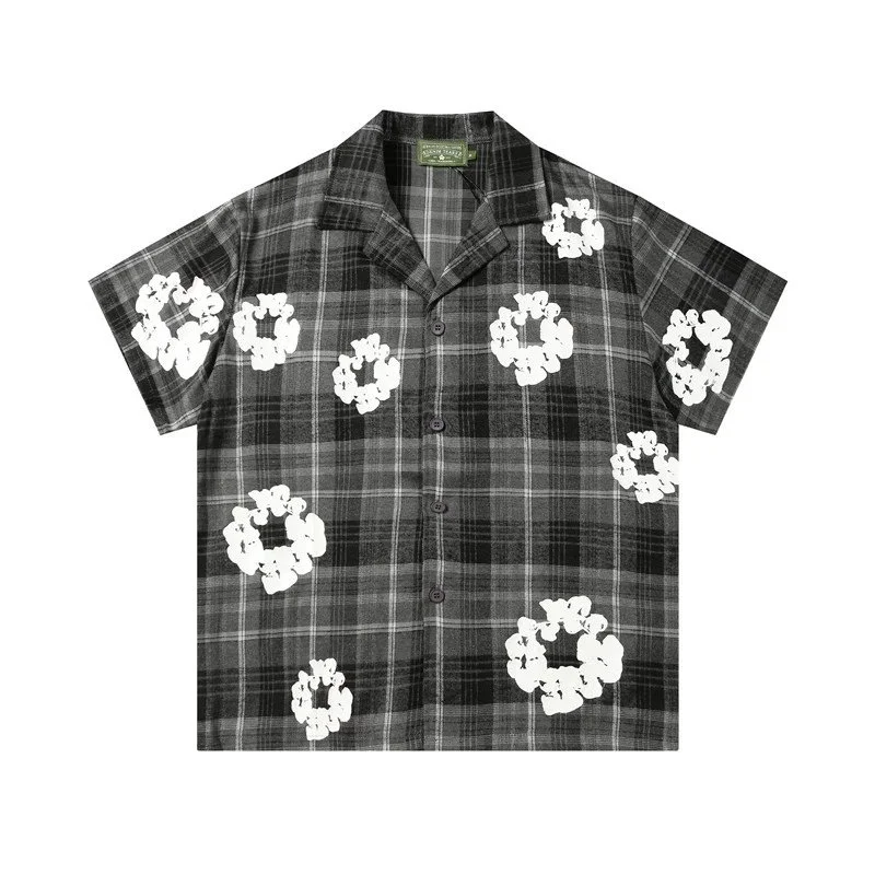 Other 388 Grey Plaid Wreath Print Short Sleeve Shirt Grey - 1