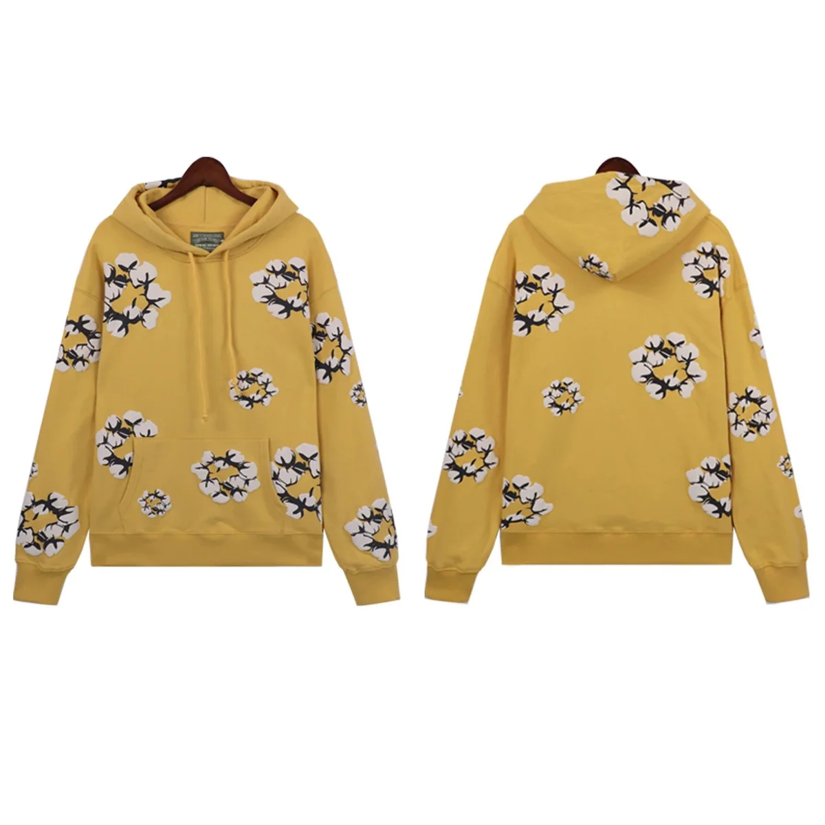 Other Unisex Yellow Cotton Flower Print Hoodie Yellow - 1