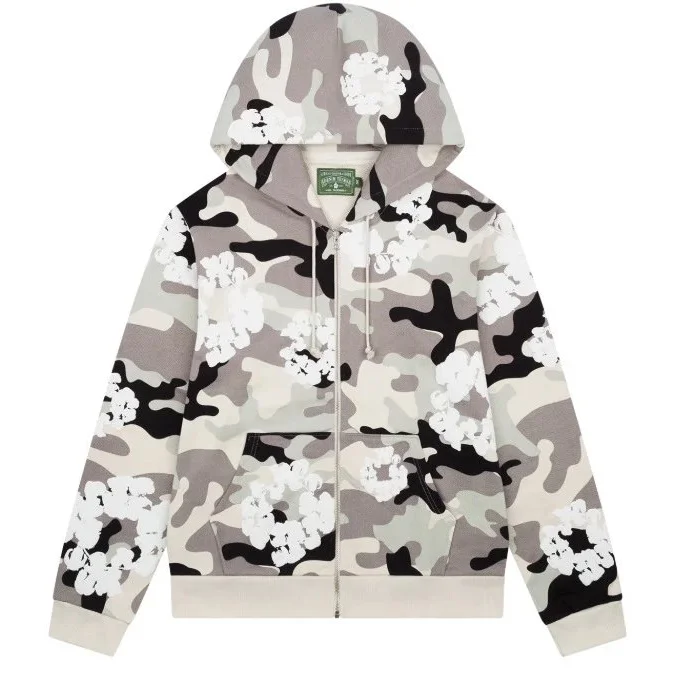 Other Unisex Camo Floral Zip-Up Hoodie Grey - 1
