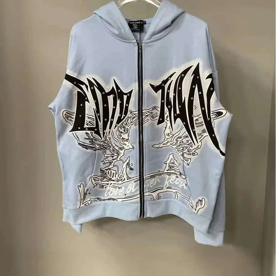 Other Unisex Light Blue Graphic Zip-Up Hoodie Blue - 1