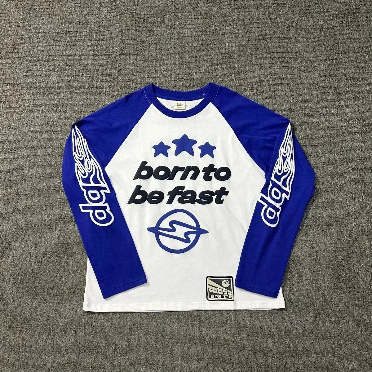 Other Unisex 'Born to Be Fast' Long Sleeve Tee White/Blue Blue - 1