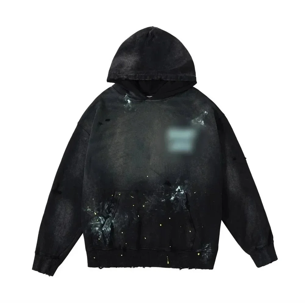 Other Unisex Distressed Black Hoodie with Paint Splatter Design Black - 1