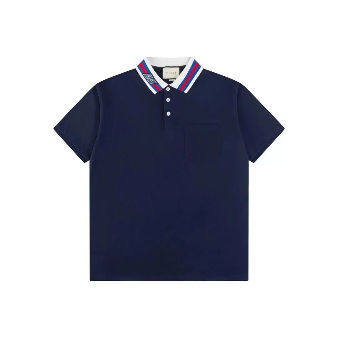 Gucci Navy Blue Polo Shirt with Striped Collar