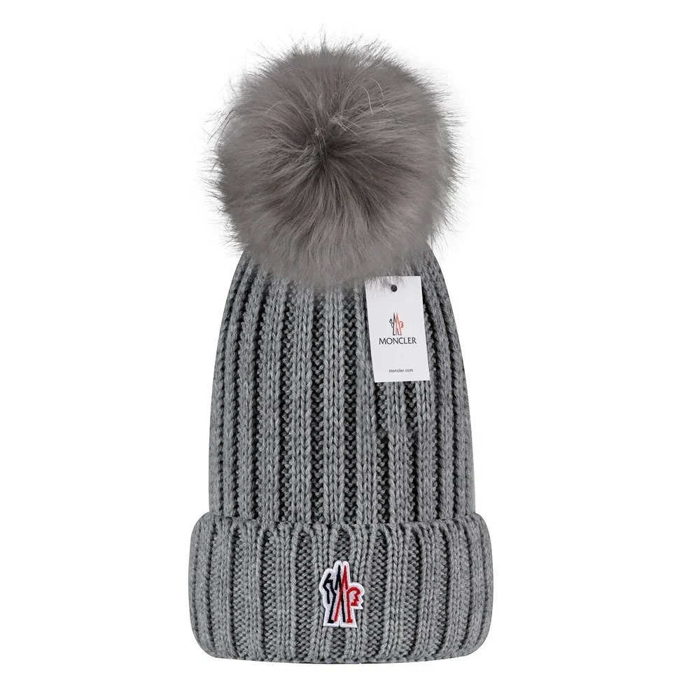 Moncler Grey Knit Beanie with Pom-Pom