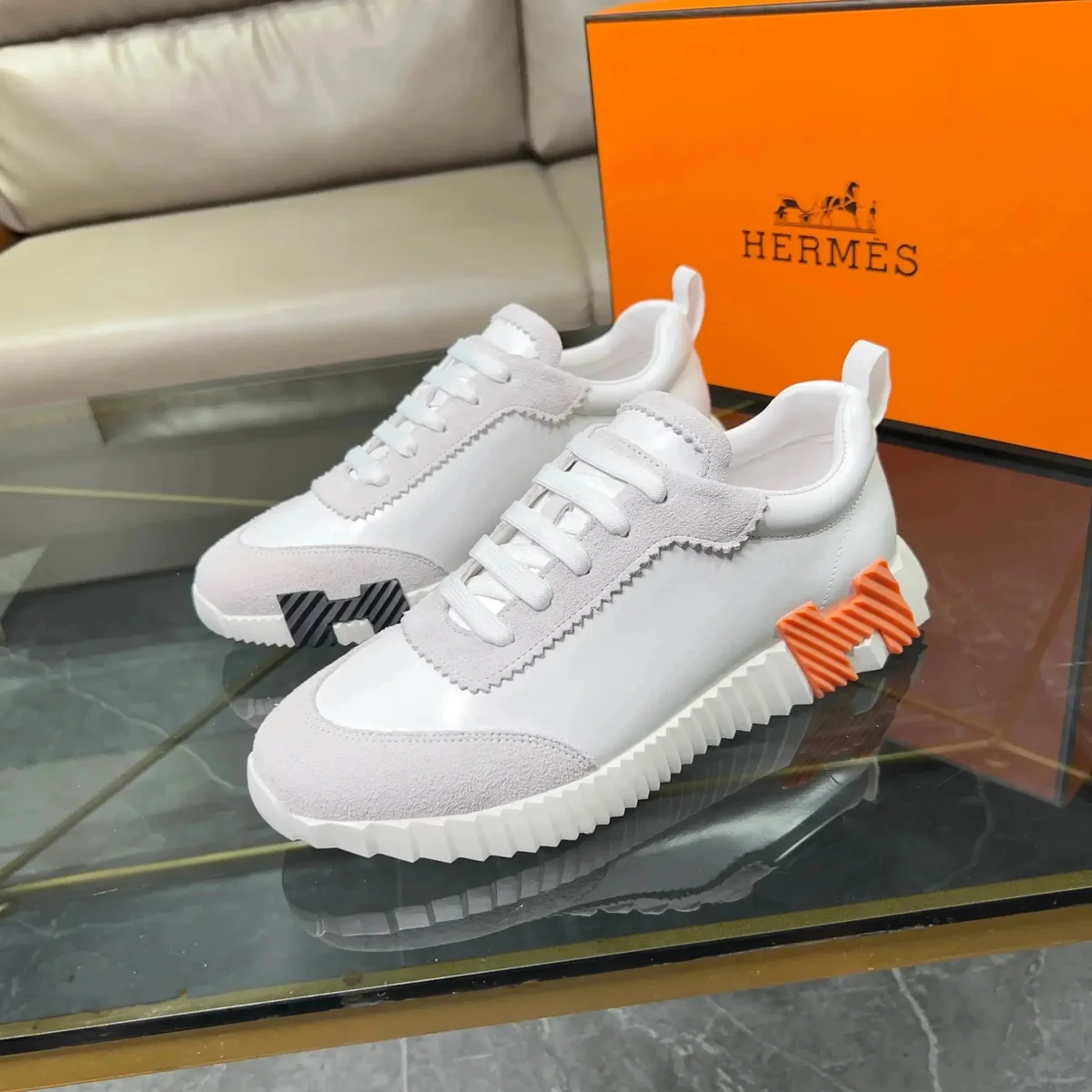 Hermès White & Orange Sneakers