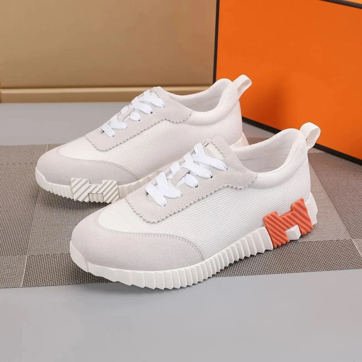 Unisex White & Orange Sneakers with 'H' Logo