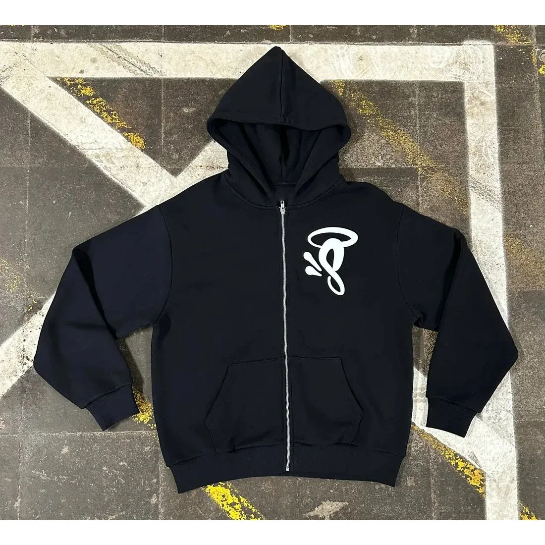 Black Zip-Up Hoodie with White Logo