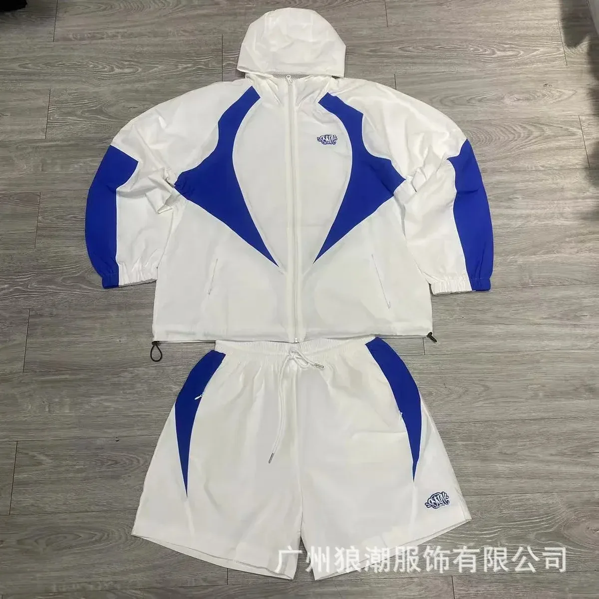 White and Blue Tracksuit Set with Hooded Jacket and Shorts