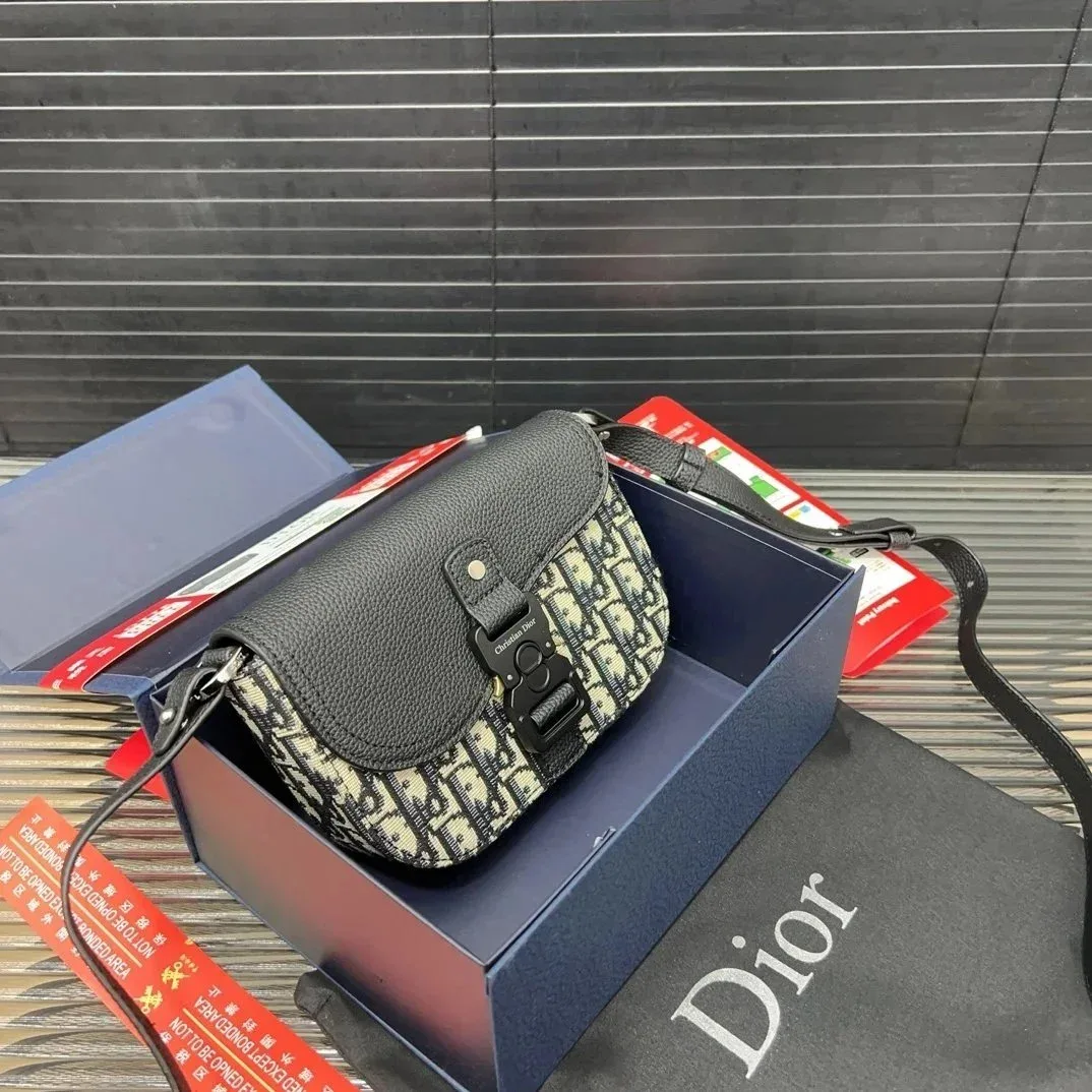 Dior Lady Dior Monogram Mini Saddle Bag Black & Beige