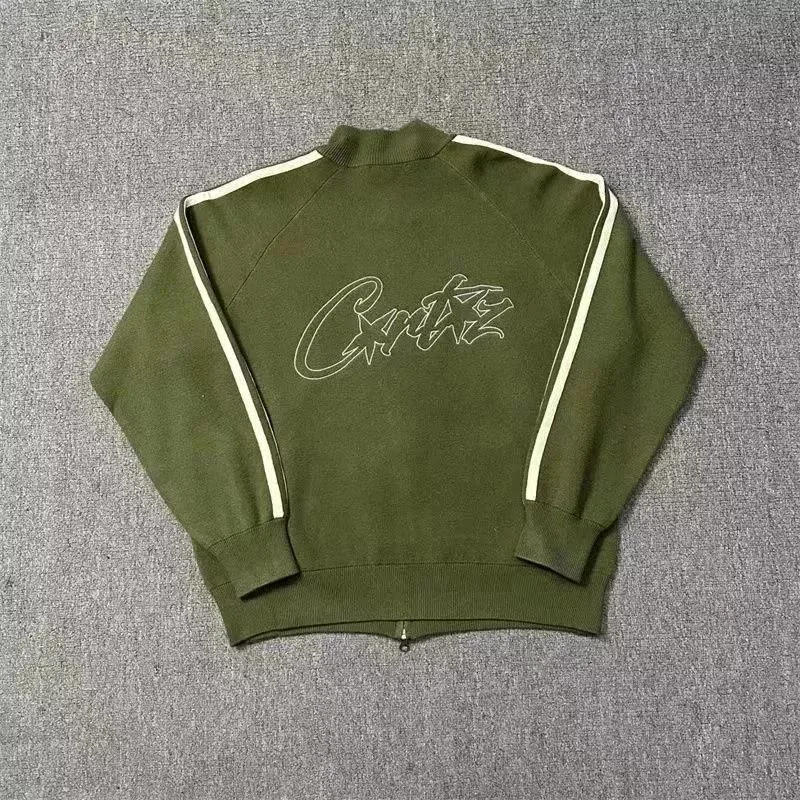 Olive Green Corteiz Track Jacket with White Stripes