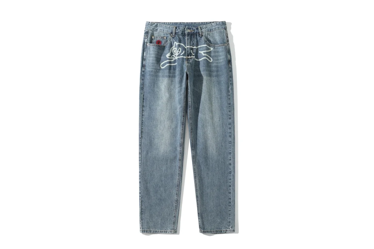Unisex Light Blue Denim Jeans with White Embroidered Fox Design