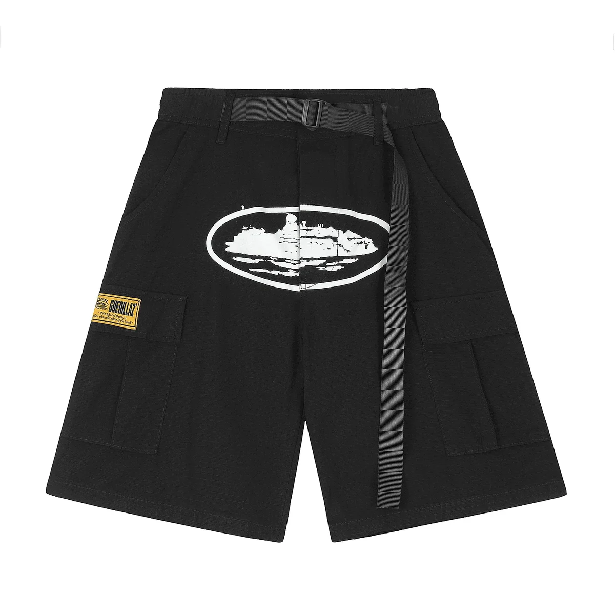 Black Cargo Shorts with Graphic Print and Belt