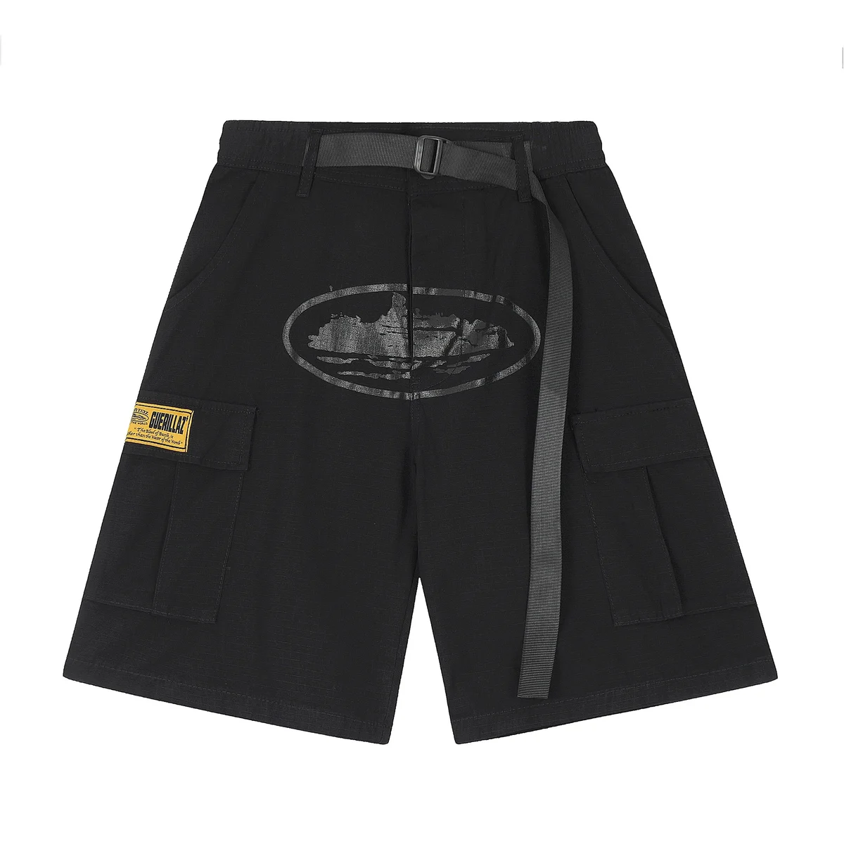 Black Cargo Shorts with Distressed Logo and Belt