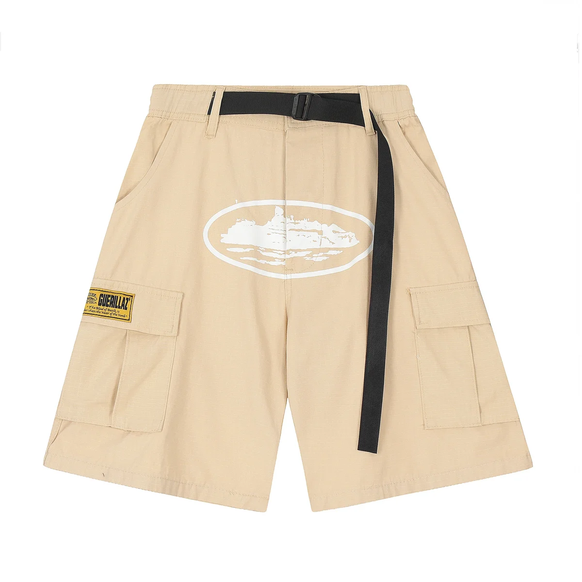 Beige Cargo Shorts with White Graphic and Black Belt