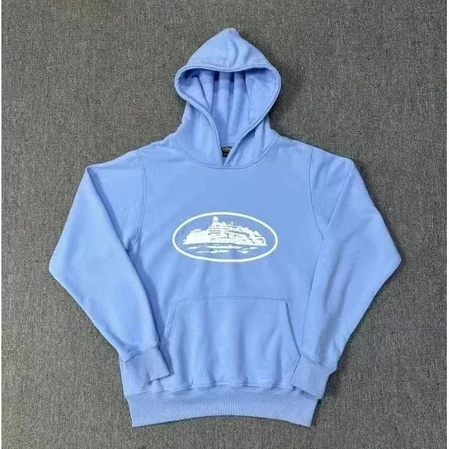 Unisex Light Blue Hoodie with White Boat Print