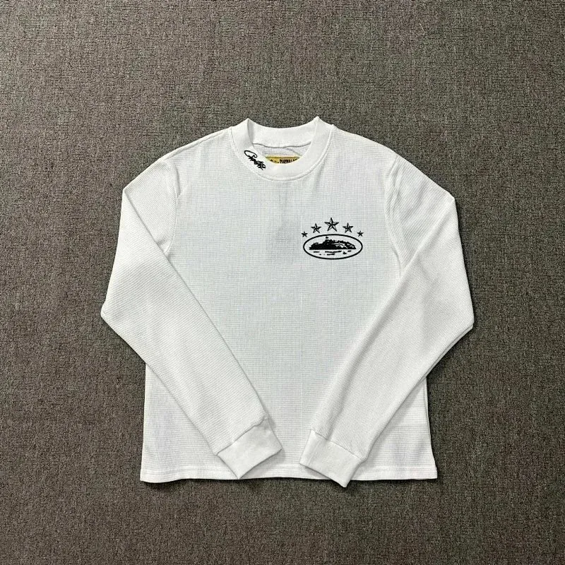 White Waffle Knit Long Sleeve Tee with Island Print