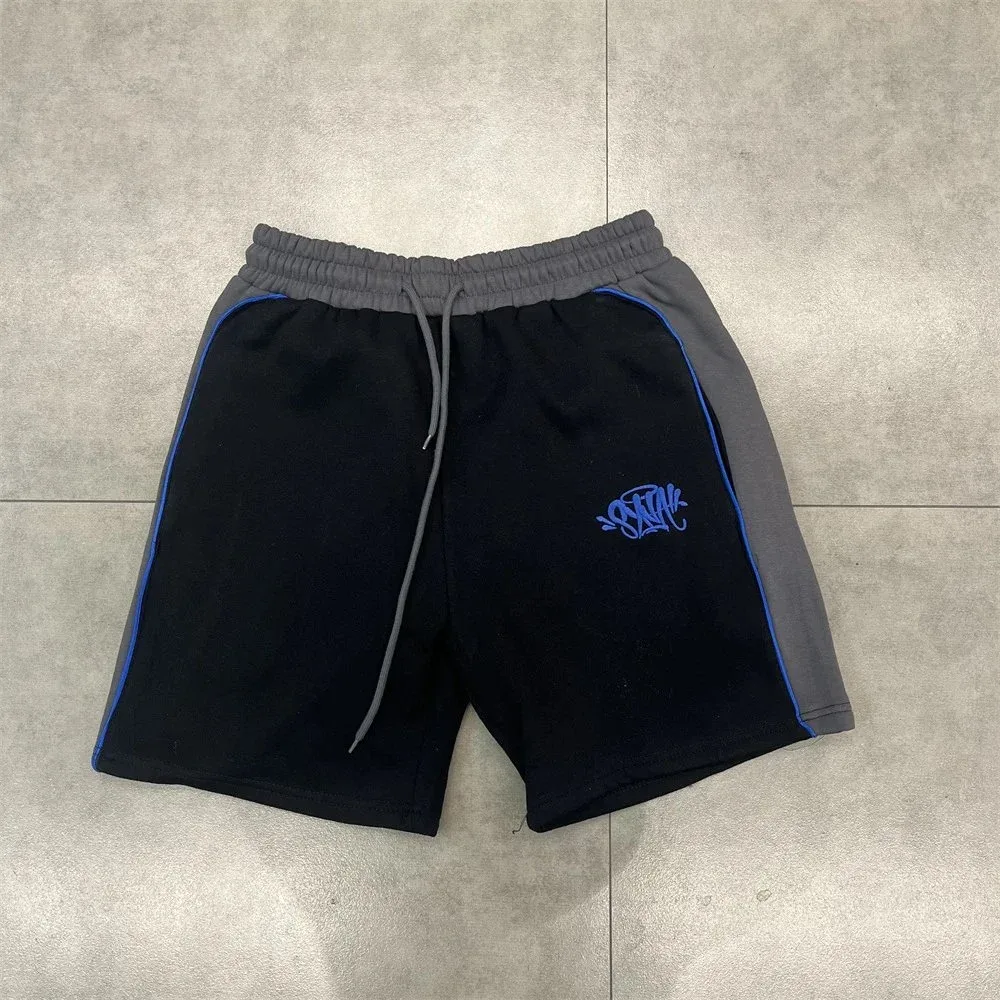 Black & Grey Contrast Panel Shorts with Blue Embroidery