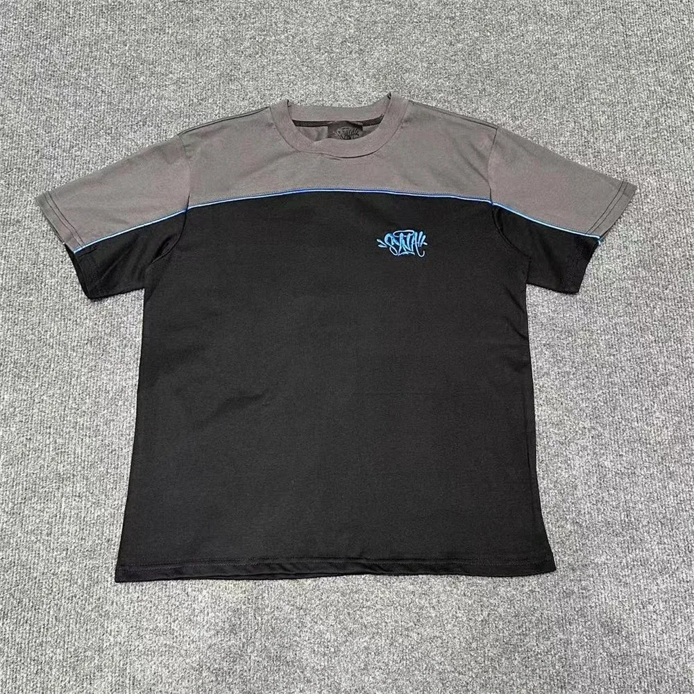 Unisex Black & Grey Split Panel T-Shirt with Blue Graphic
