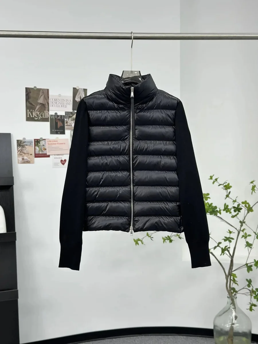Black Lightweight Puffer Jacket with Knit Sleeves