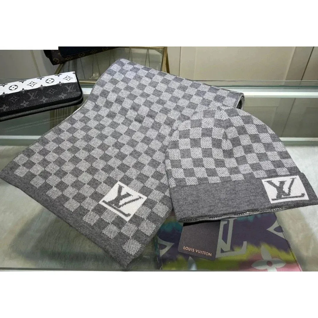 Louis Vuitton Damier Beanie & Scarf Set in Grey