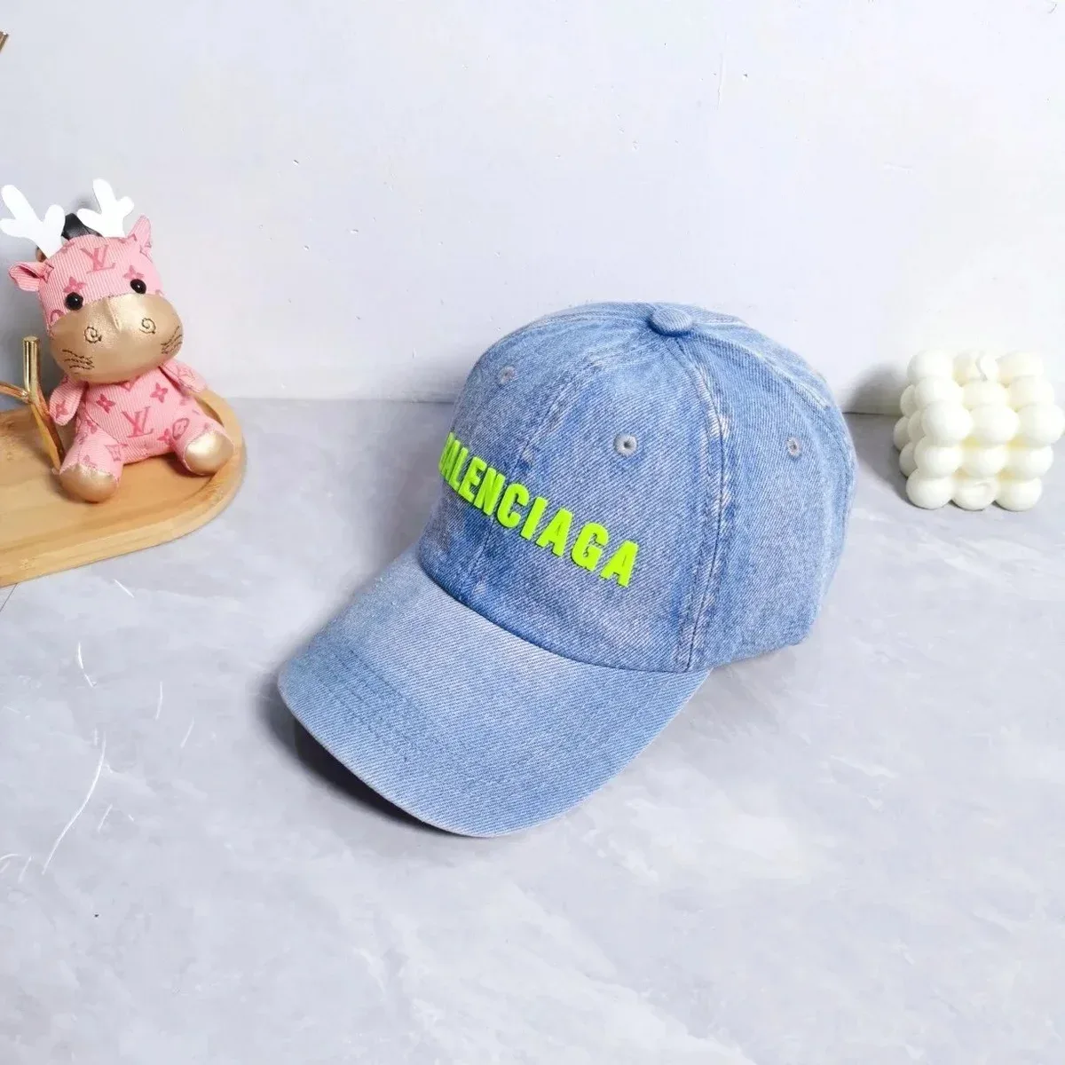Balenciaga Denim Cap Blue Neon Green Lettering Headwear