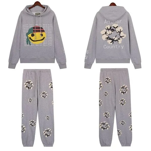 Gray Cotton Smile Face & Flower Print Tracksuit Set