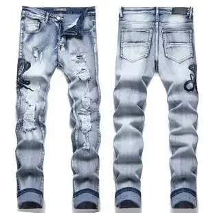 Distressed Denim Jeans with Rips and Embroidery