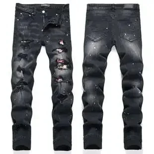 Distressed Black Denim Jeans with Floral Embroidery