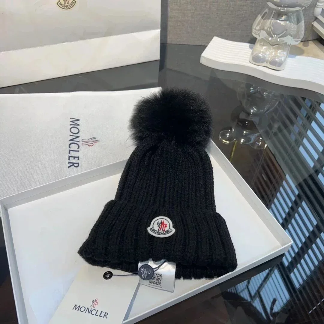 Moncler Black Fur Pom Beanie Hat