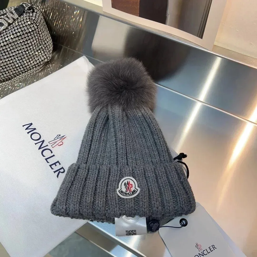 Moncler Grey Fox Fur Pom Beanie Hat