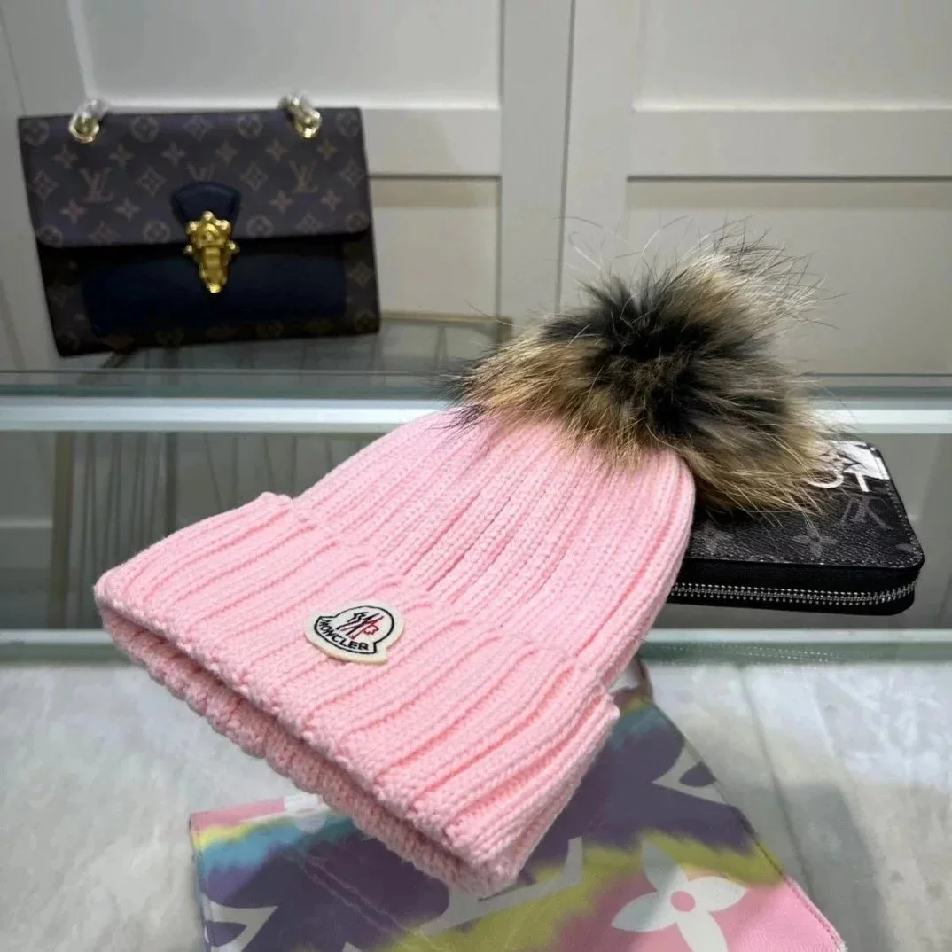 Moncler Pink Fur Pom Beanie Hat