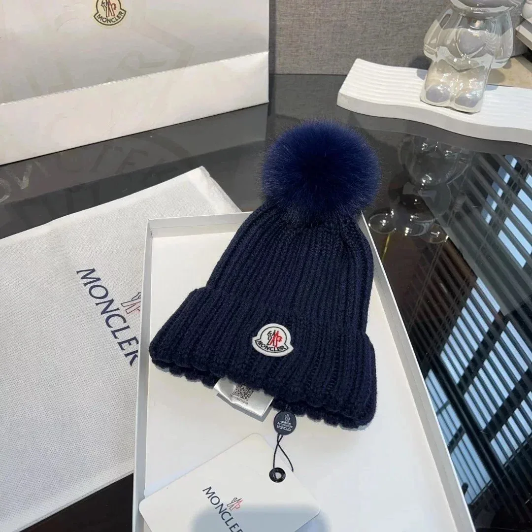 Moncler Navy Blue Pom-Pom Beanie Hat