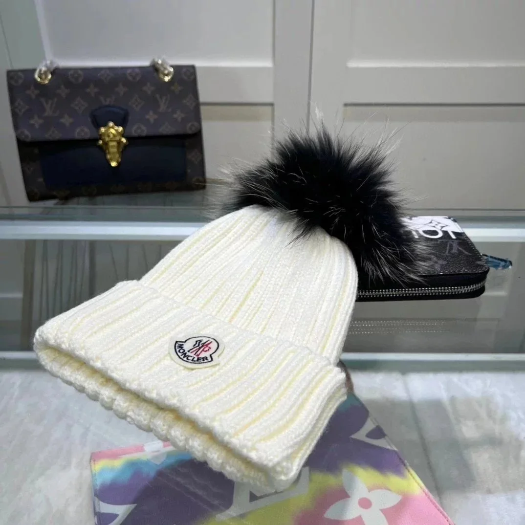 Moncler White Fur Pom Beanie Hat