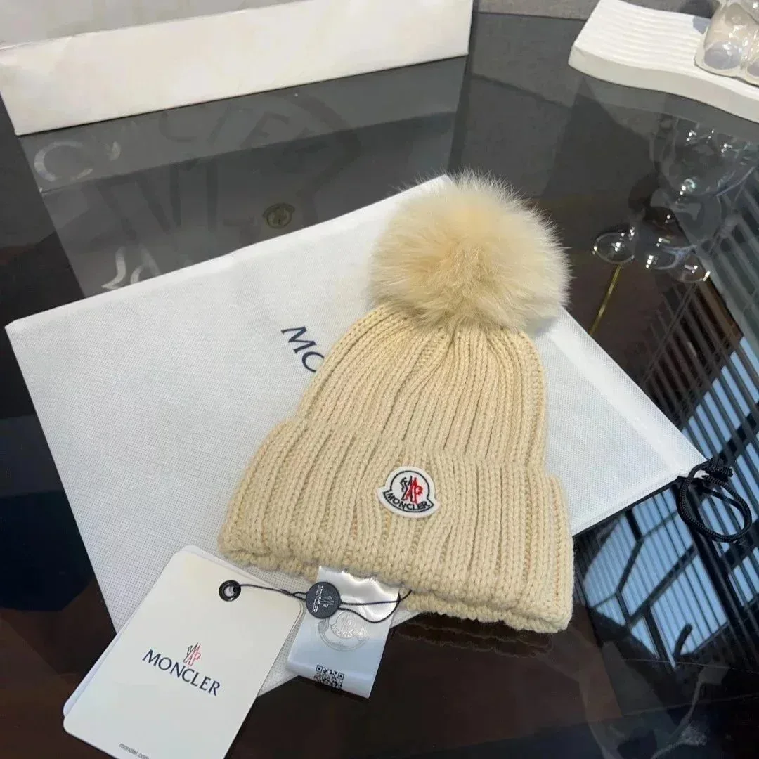Moncler Beige Knit Pom-Pom Beanie Hat