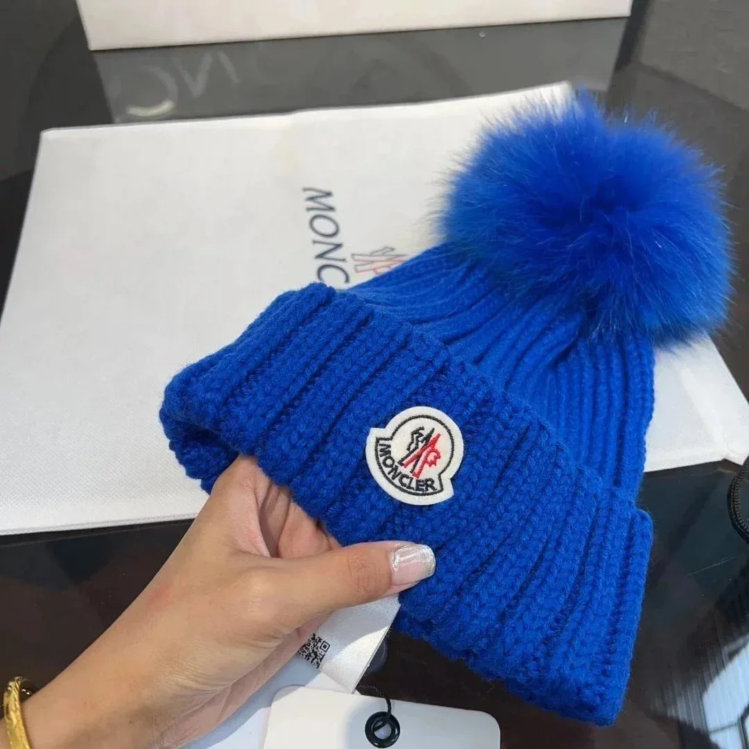 Moncler Blue Fur Pom Beanie Hat
