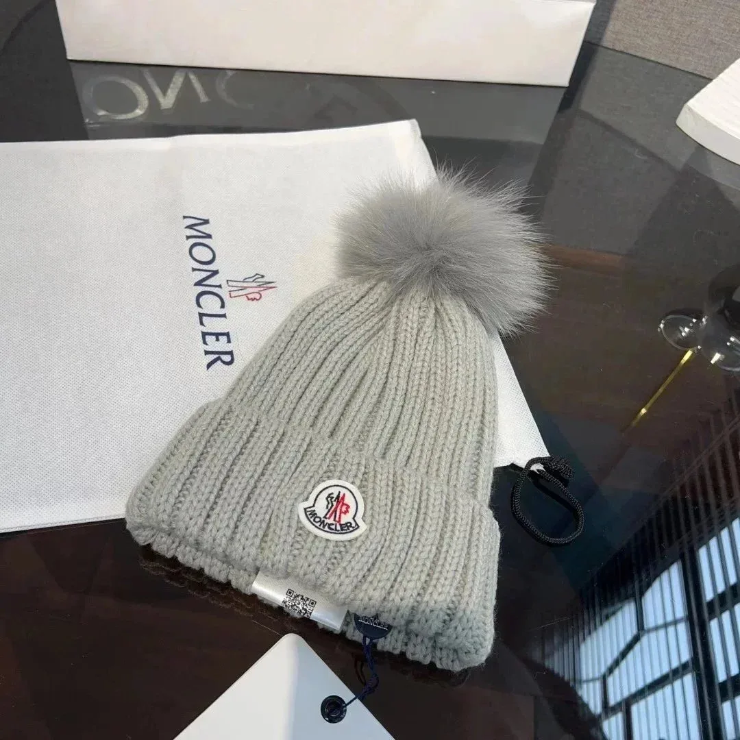 Moncler Grey Fur Pom Beanie Hat