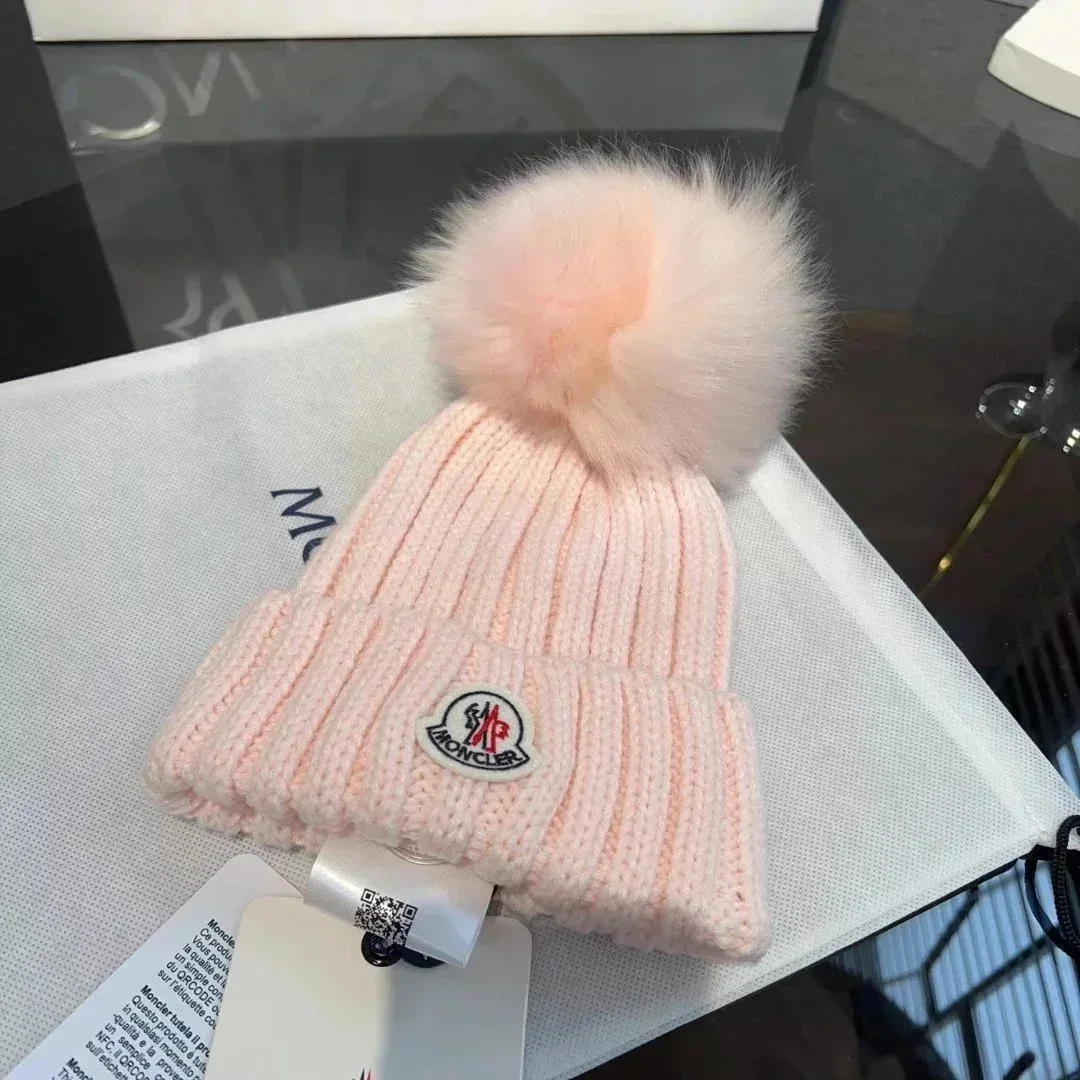 Moncler Pink Fur Pom Beanie Hat
