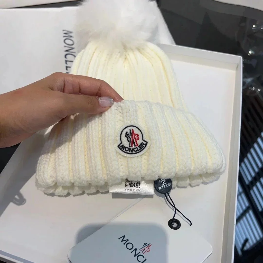 Moncler White Fur Pom Beanie Hat