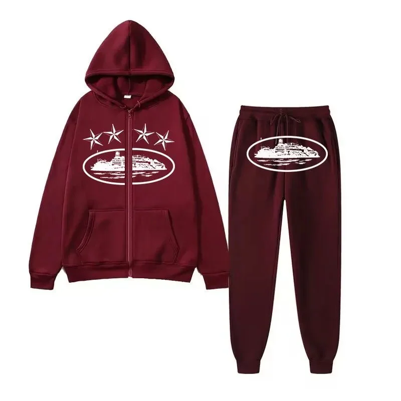 Unisex 6酒红 Hoodie & Pants Set with Ship Print