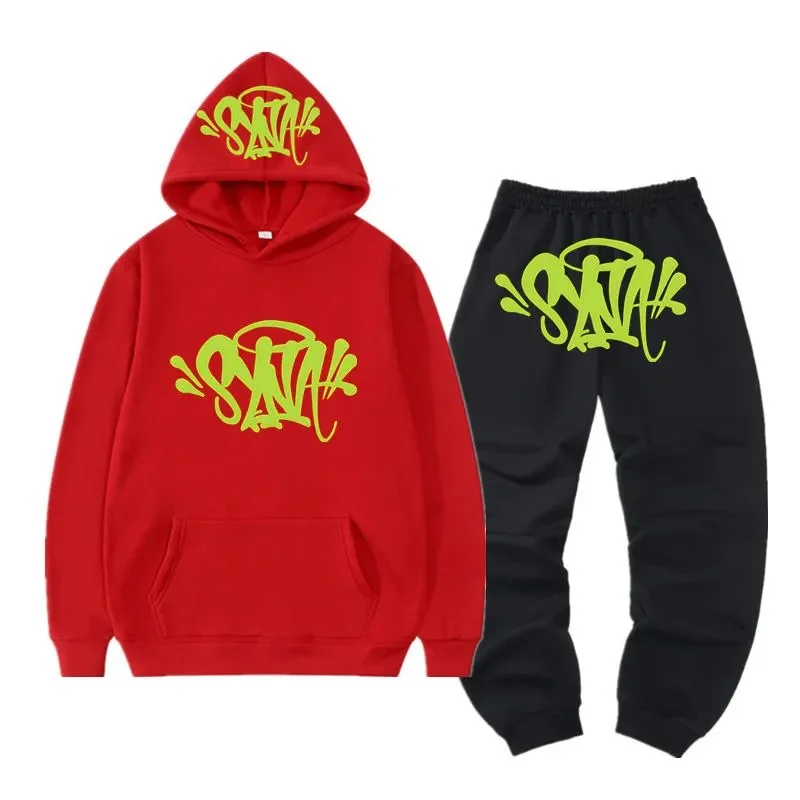 Streetwear Set: Red Hoodie & Black Pants with Green Graffiti Print